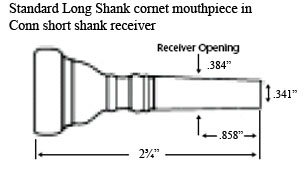 diagram of a long shank cornet mouthpiece in a short shank receiver