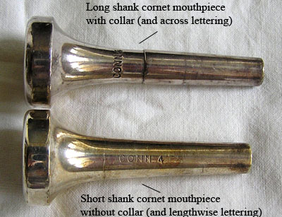picture of a long and a short shank cornet mouthpiece side by side